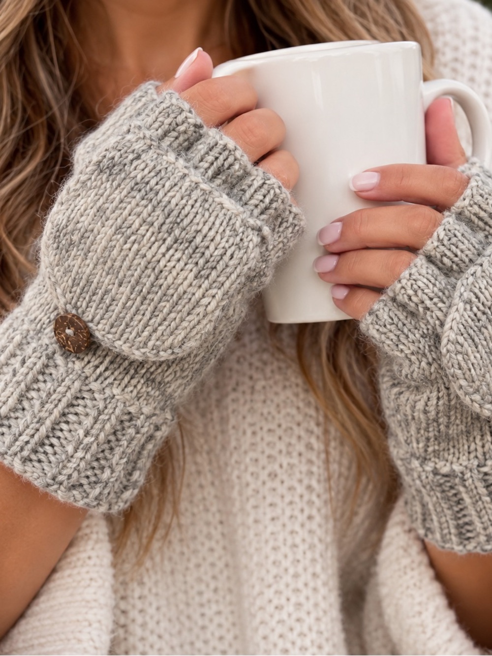 Source Unknown Light Gray Convertible Knit Fingerless Mittens with Button